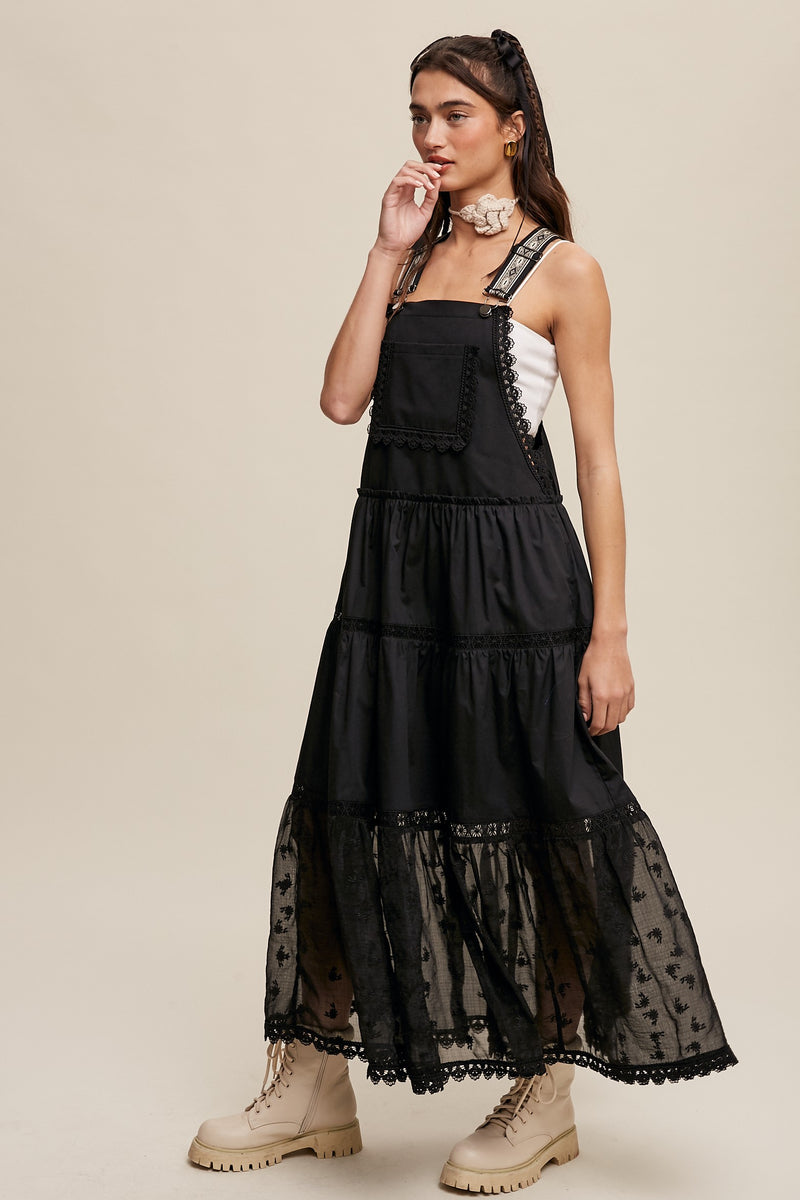 Cotton Tiered Maxi Pinafore Boho Dress in Black