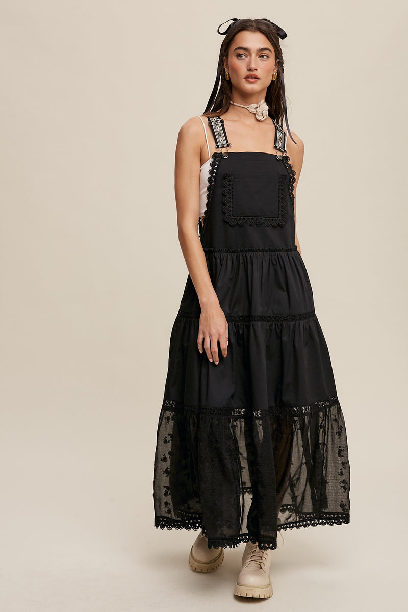 Cotton Tiered Maxi Pinafore Boho Dress in Black