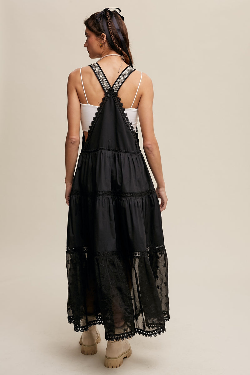 Cotton Tiered Maxi Pinafore Boho Dress in Black
