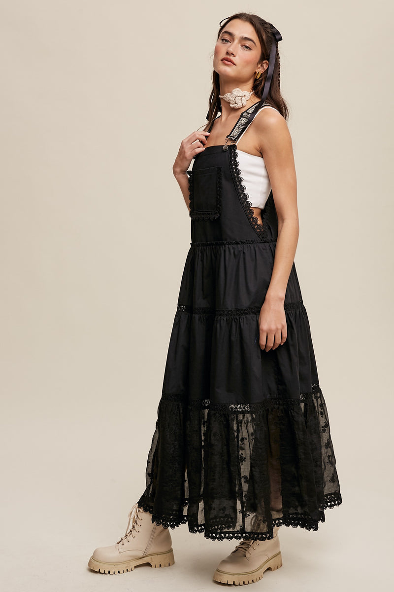 Cotton Tiered Maxi Pinafore Boho Dress in Black
