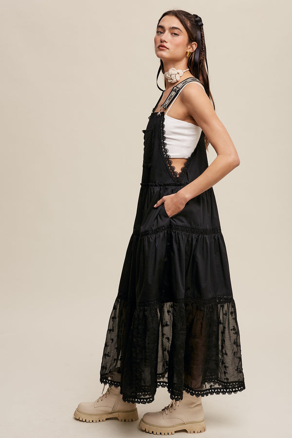Cotton Tiered Maxi Pinafore Boho Dress in Black