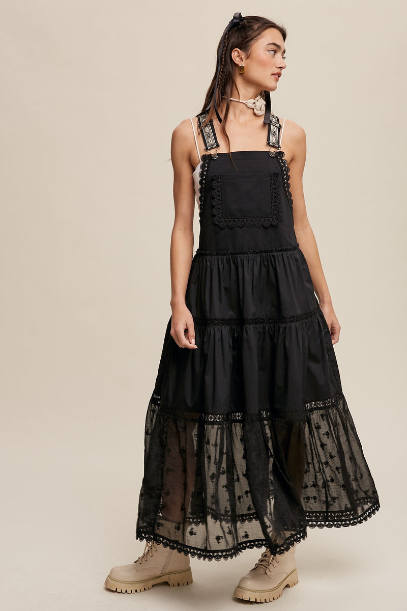 Cotton Tiered Maxi Pinafore Boho Dress in Black