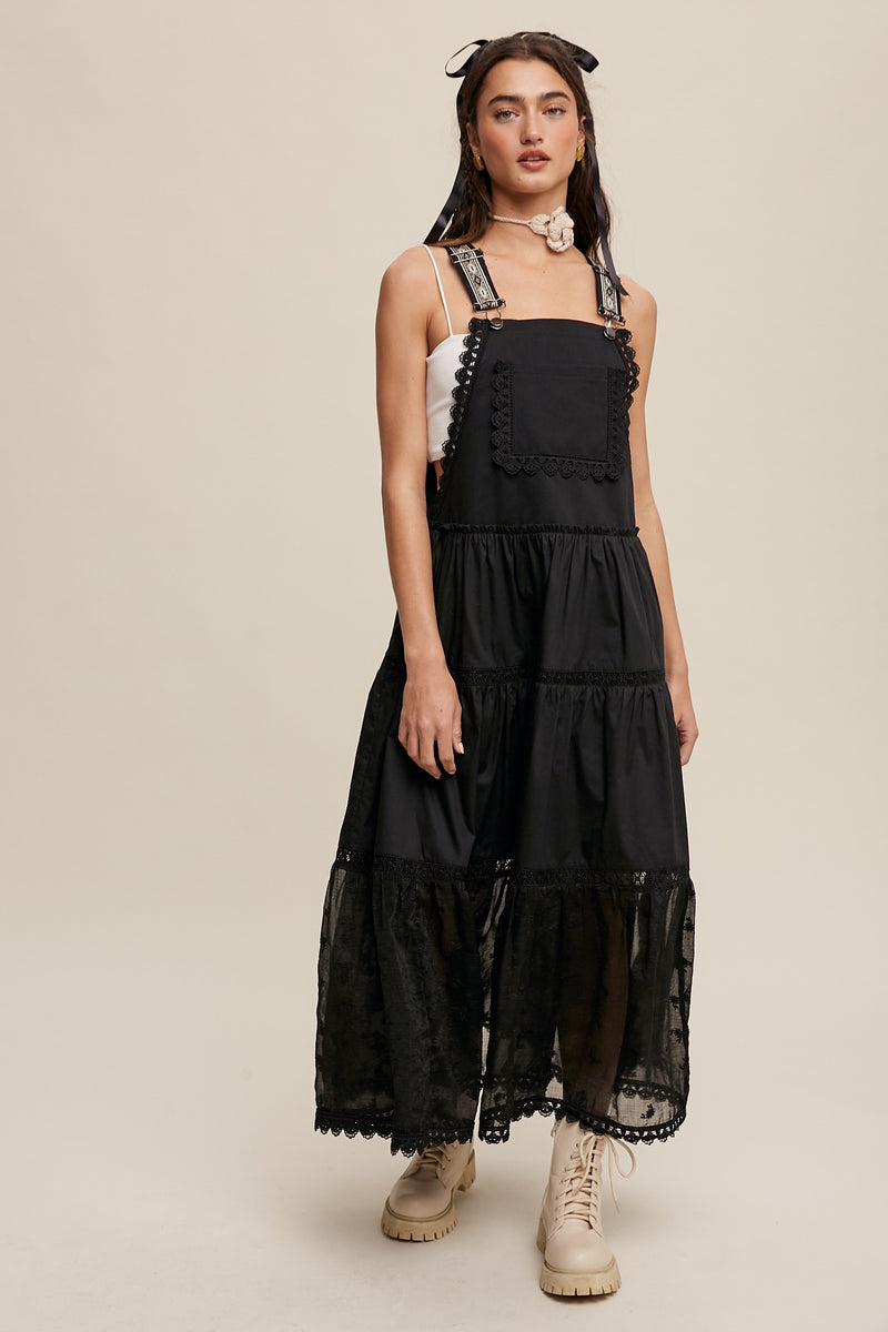 Cotton Tiered Maxi Pinafore Boho Dress in Black