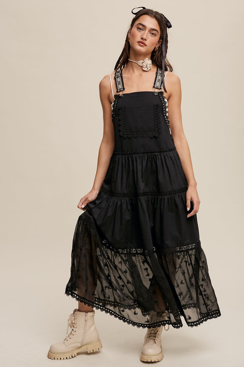 Cotton Tiered Maxi Pinafore Boho Dress in Black