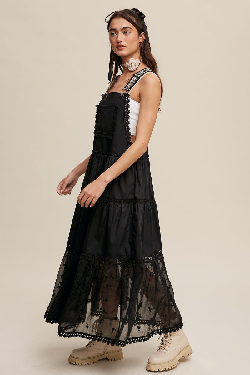 Cotton Tiered Maxi Pinafore Boho Dress in Black