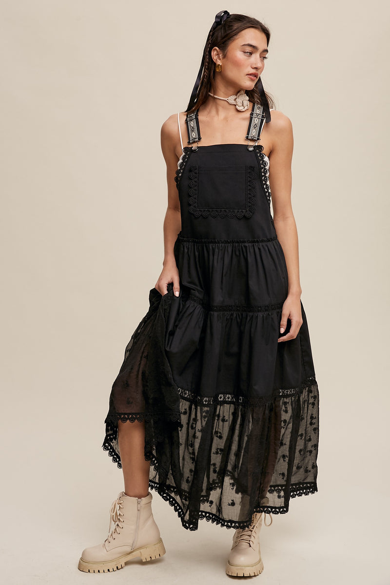 Cotton Tiered Maxi Pinafore Boho Dress in Black