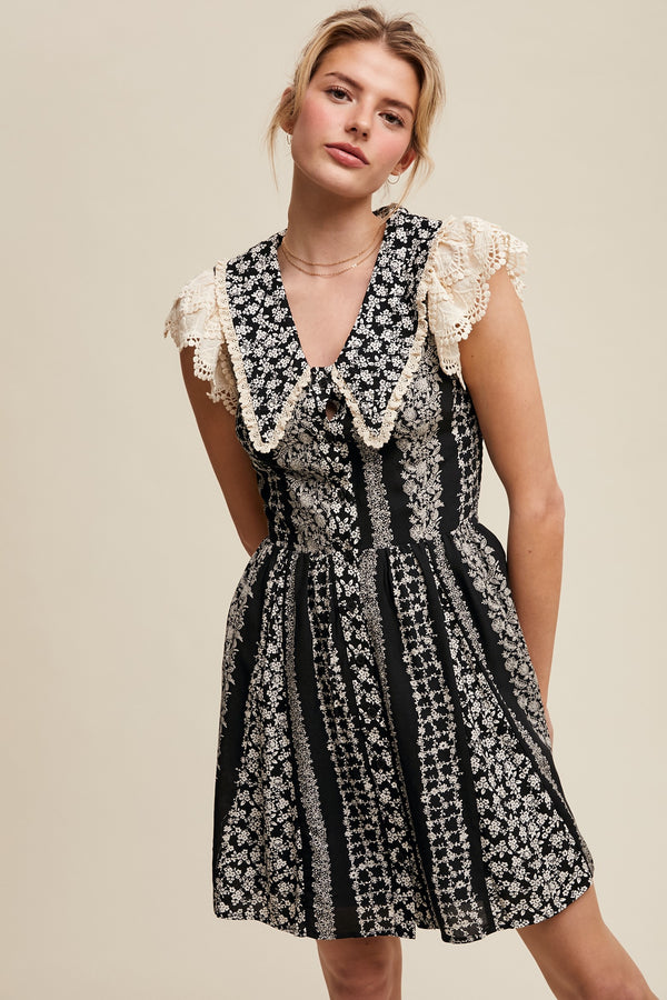 Vintage Lace Floral Mini Dress in Black