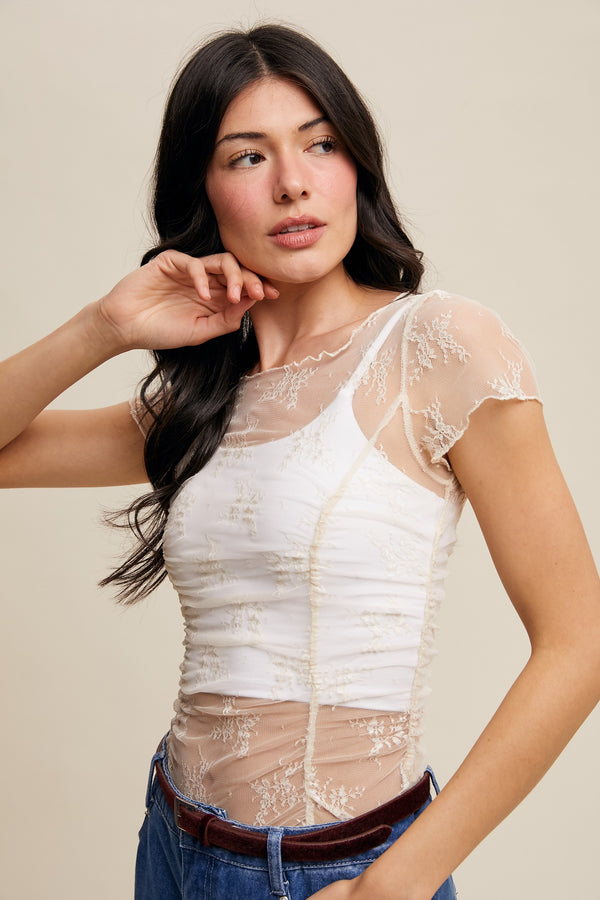Floral Mesh Ruched Top in Ecru