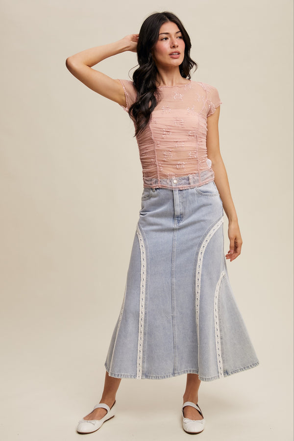 Floral Mesh Ruched Top in Blush