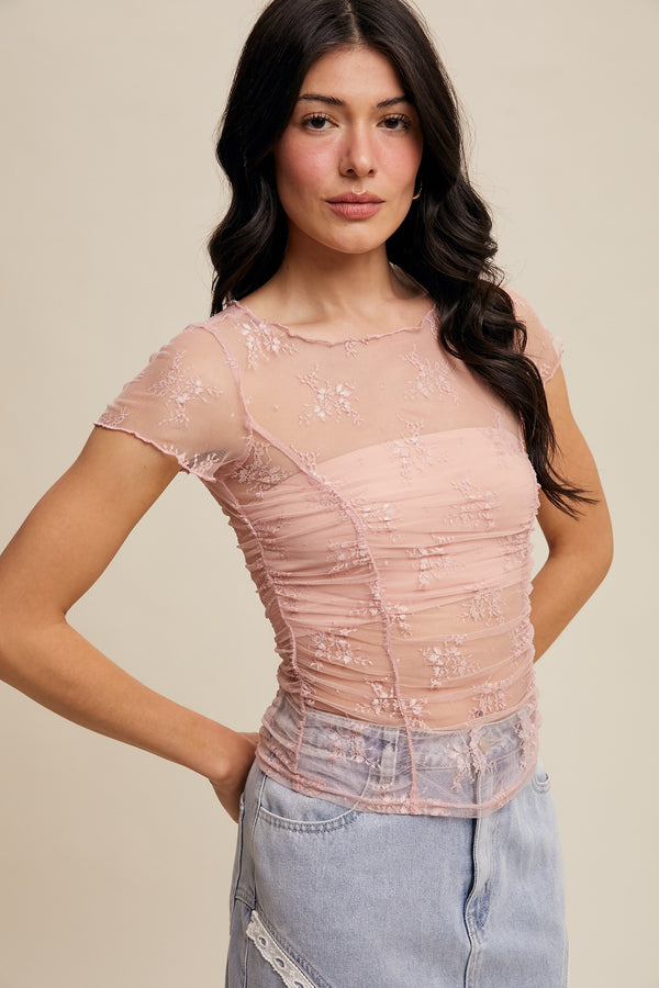 Floral Mesh Ruched Top in Blush