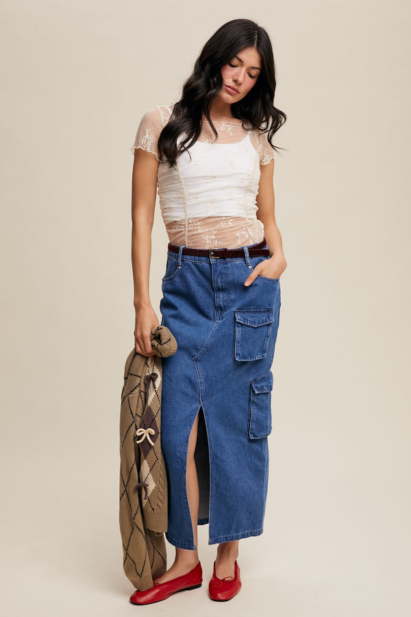 Floral Mesh Ruched Top in Ecru