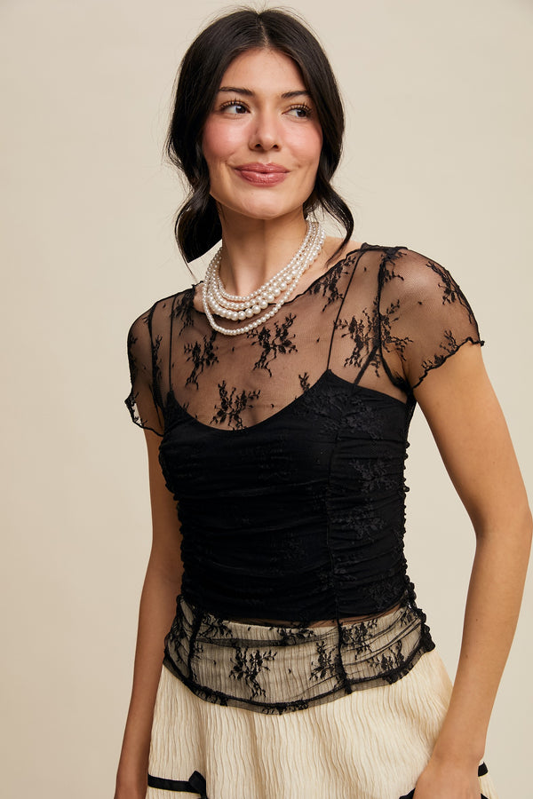 Floral Mesh Ruched Top in Black