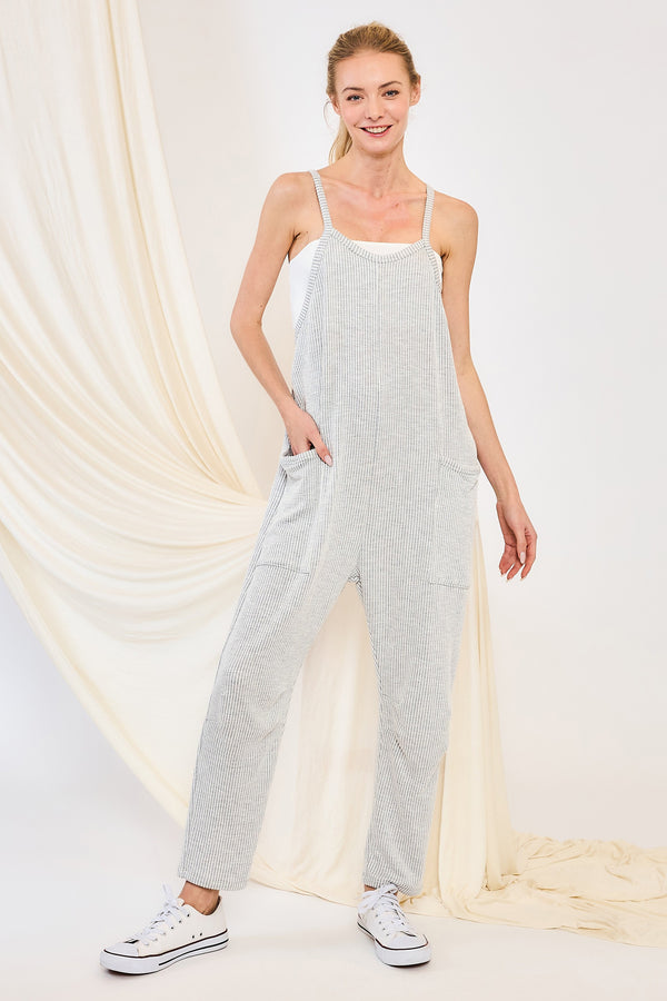 Wrinkle Rib Strappy Jumpsuit in Grey/Ivory