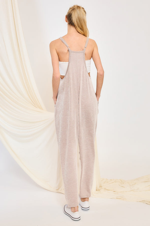 Wrinkle Rib Strappy Jumpsuit in Taupe/Ivory