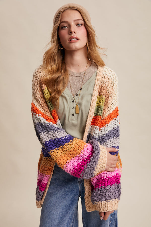 Cream Rainbow Hand-Crochet Open Cardigan