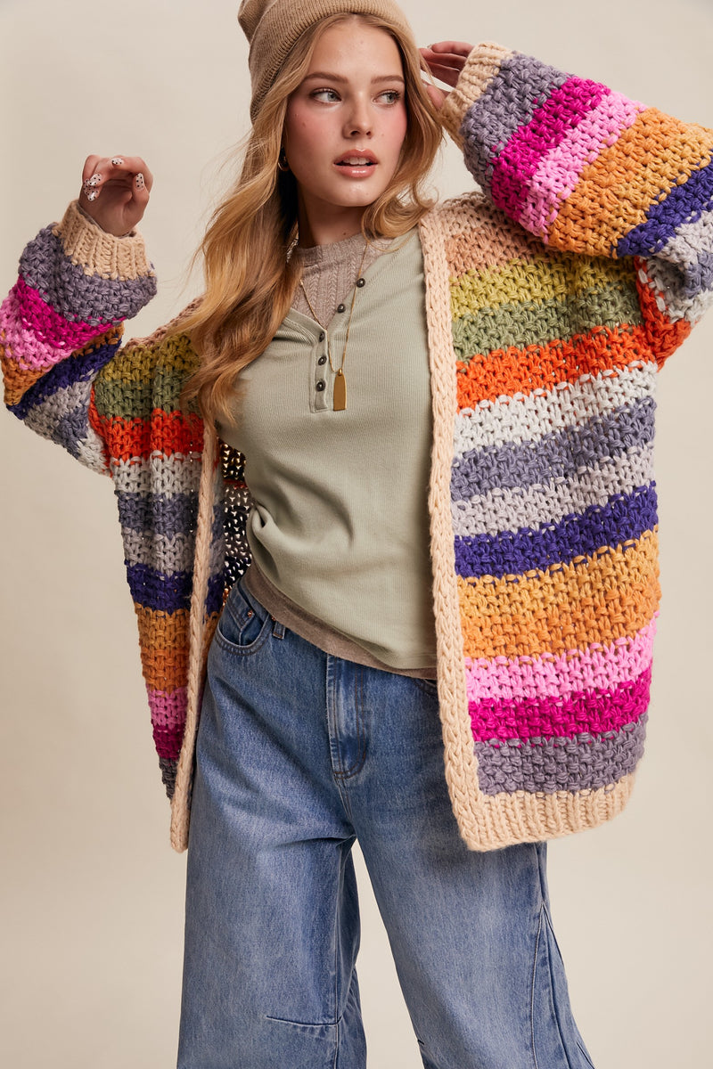 Cream Rainbow Hand-Crochet Open Cardigan