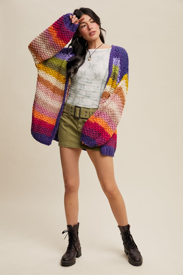 Multi Rainbow Hand-Crochet Open Cardigan