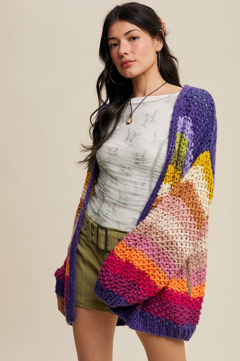 Multi Rainbow Hand-Crochet Open Cardigan