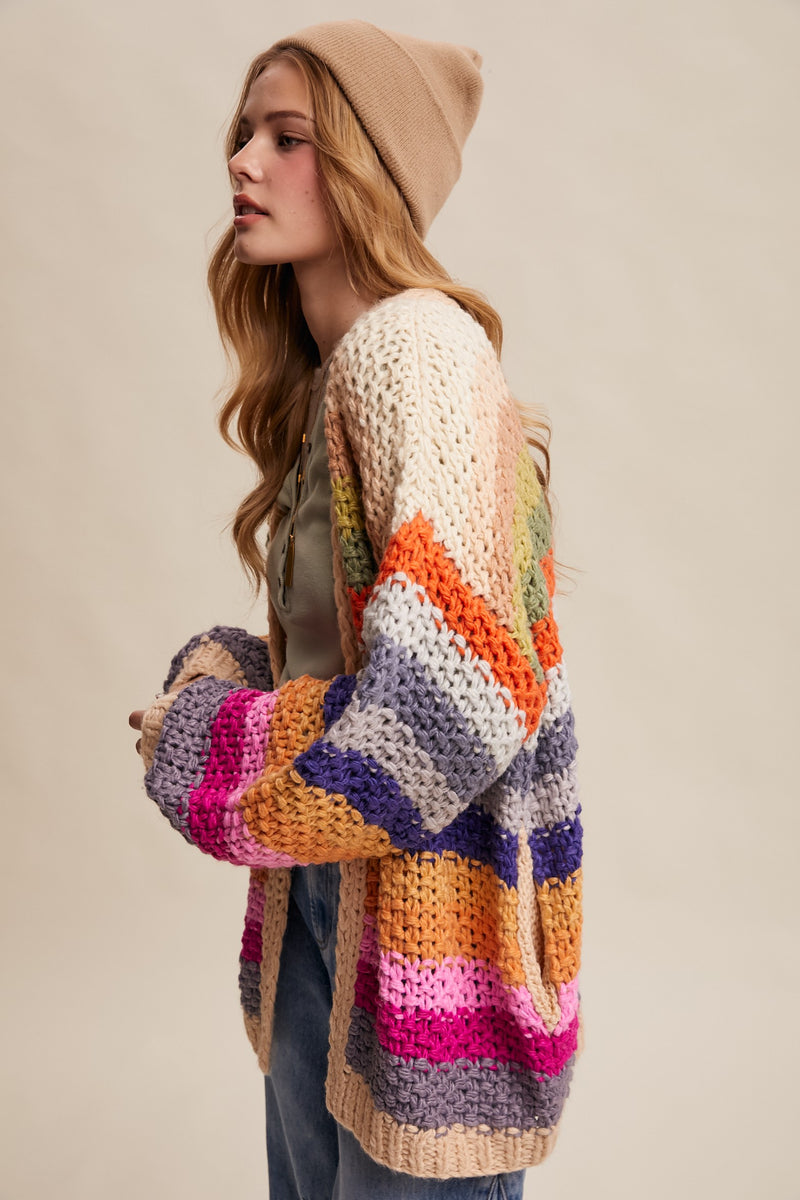 Cream Rainbow Hand-Crochet Open Cardigan