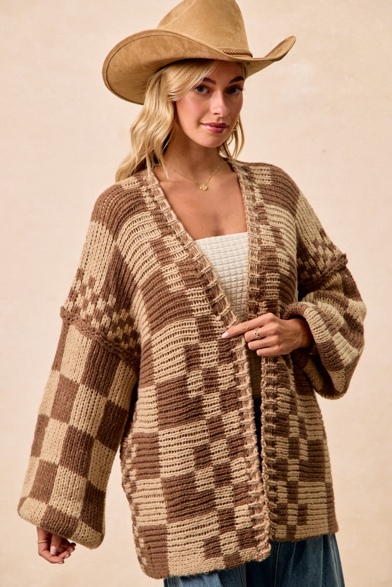 Mocha Latte Combo Mixed Check Pattern Loose Fit Chunky Cardigan (S-XL available)