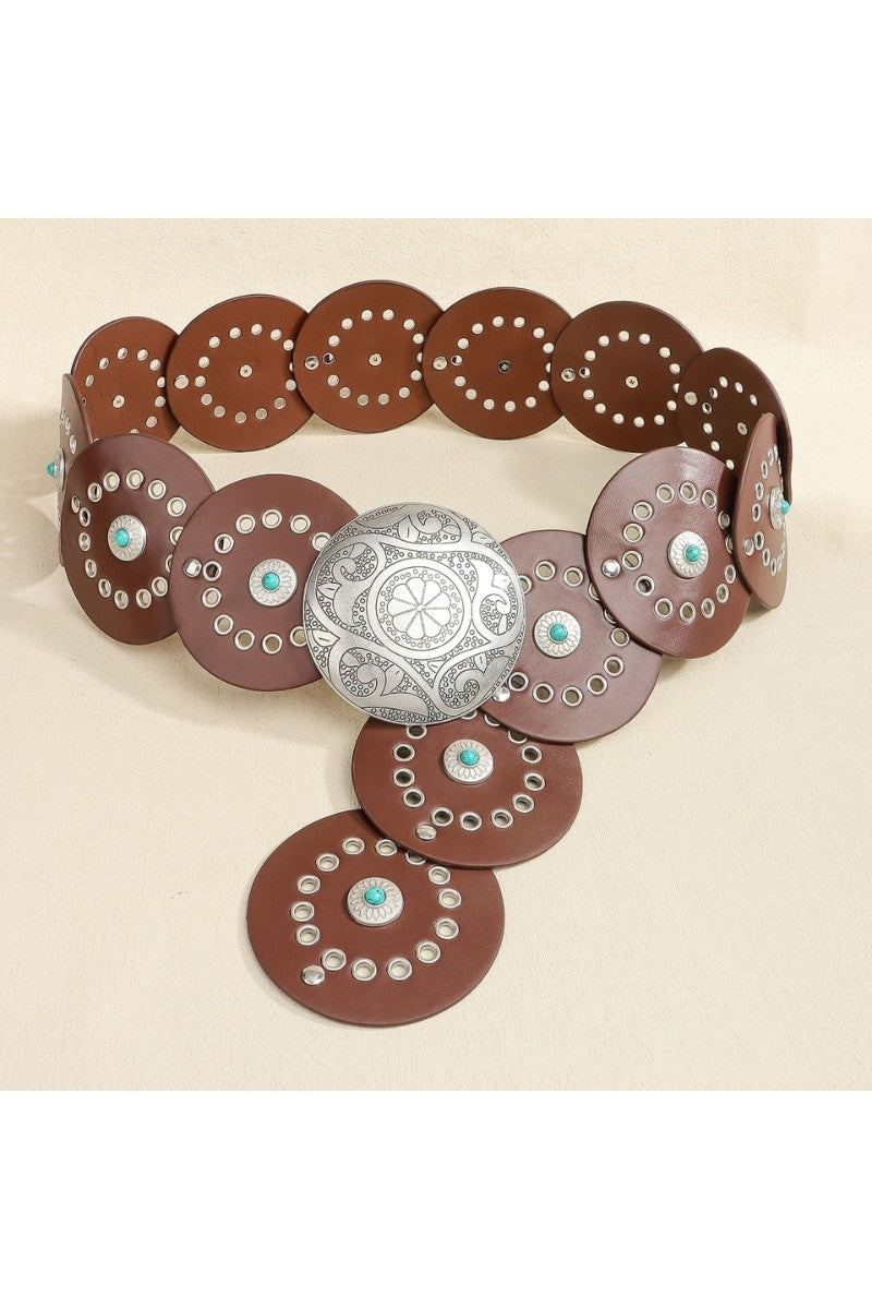 Western Round Disc Turquoise and Medium Brown with Silver Belt