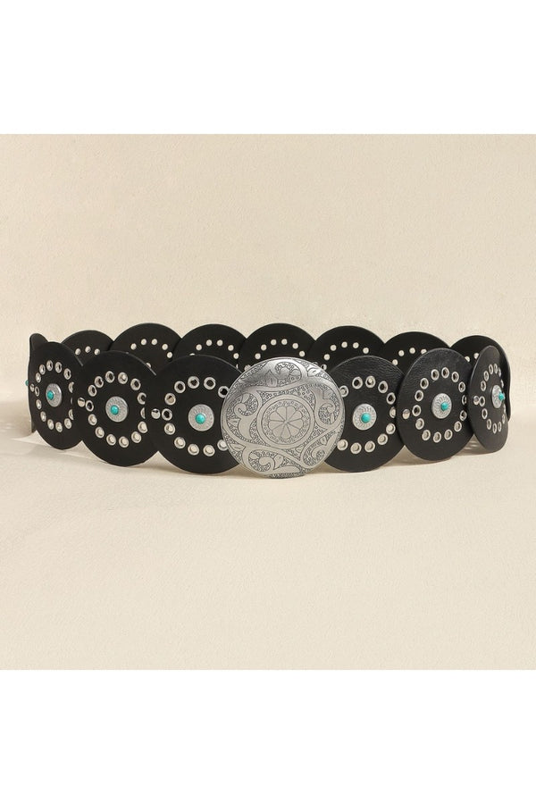 Western Round Disc Turquoise and Black with Silver Belt