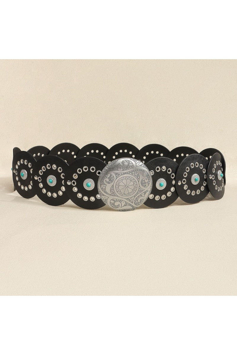 Western Round Disc Turquoise and Black with Silver Belt