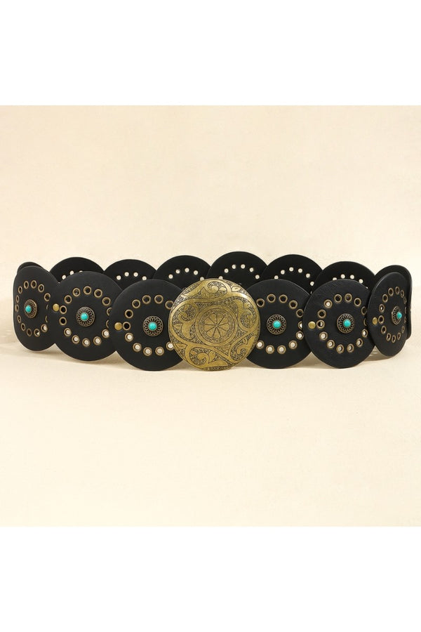 Western Round Disc Turquoise and Black with Gold Belt