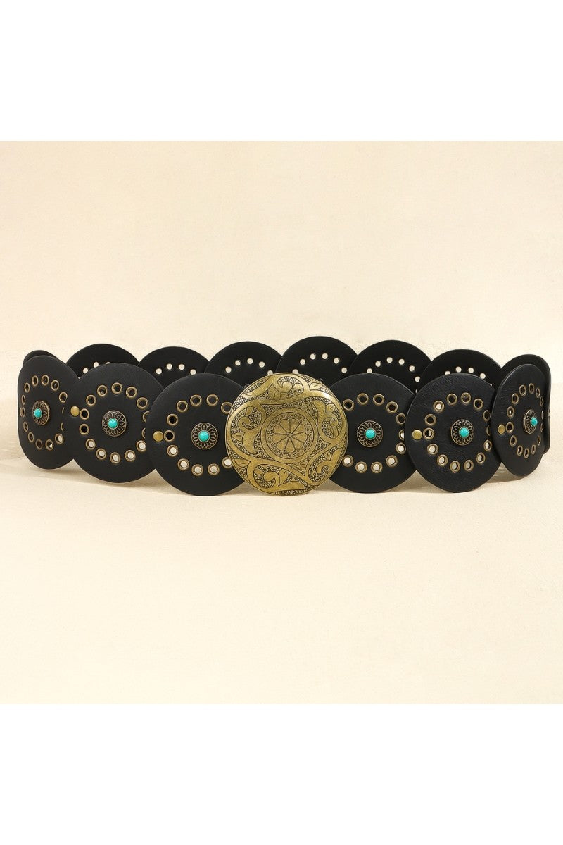 Western Round Disc Turquoise and Black with Gold Belt