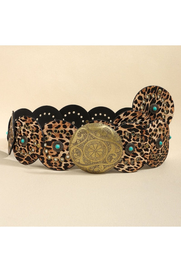 Western Round Disc Turquoise Leopard Belt