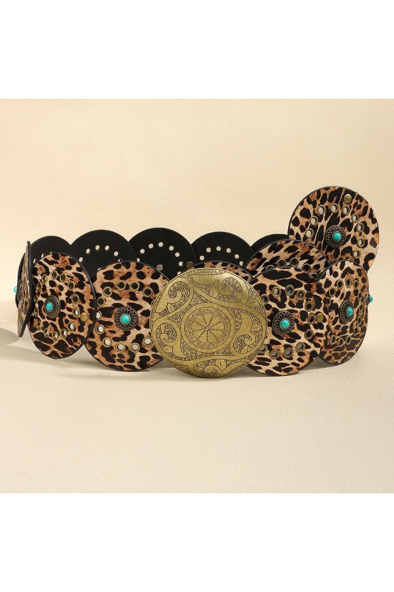 Western Round Disc Turquoise Leopard Belt