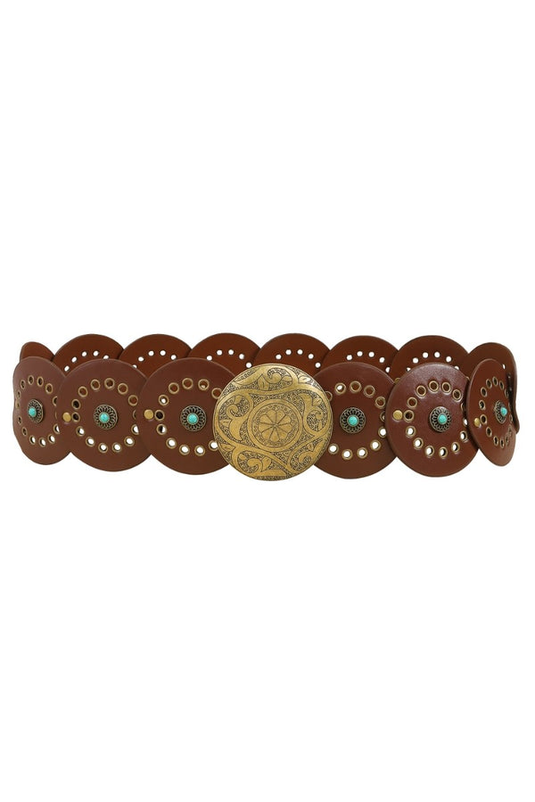 Western Round Disc Turquoise and Medium Brown with Gold Belt