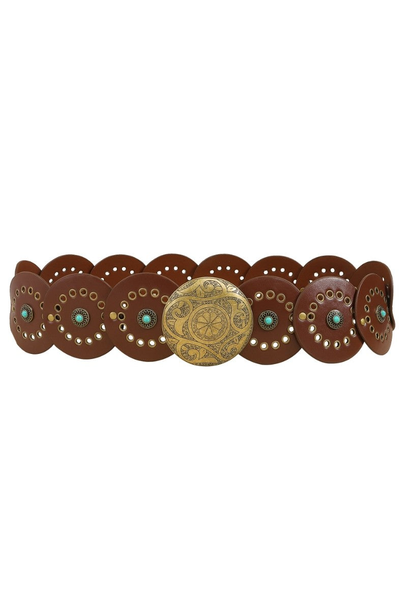 Western Round Disc Turquoise and Medium Brown with Gold Belt