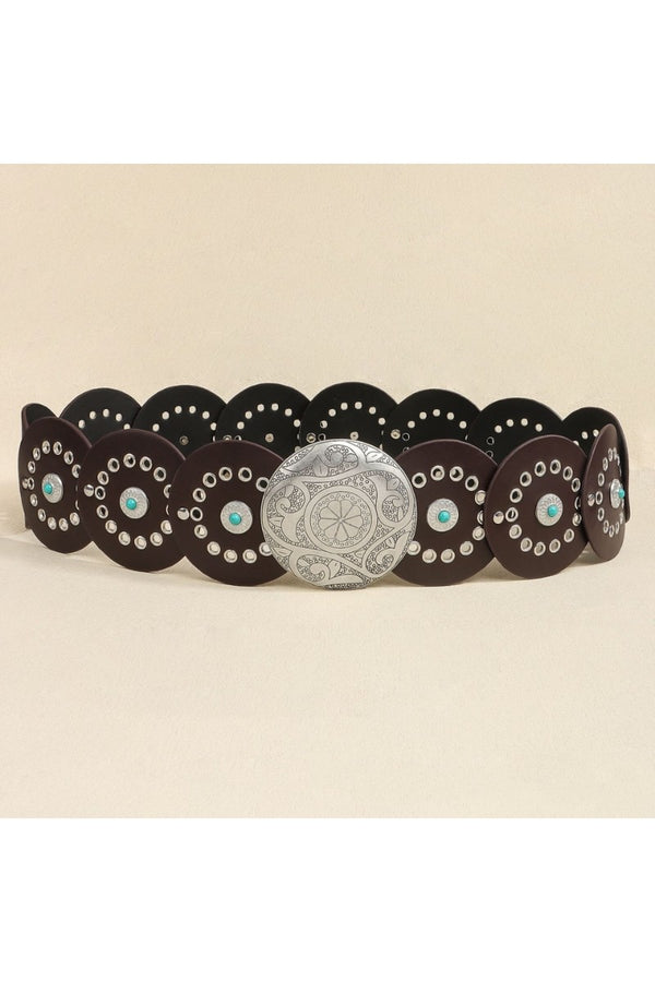 Western Round Disc Turquoise and Dark Brown with Silver Belt