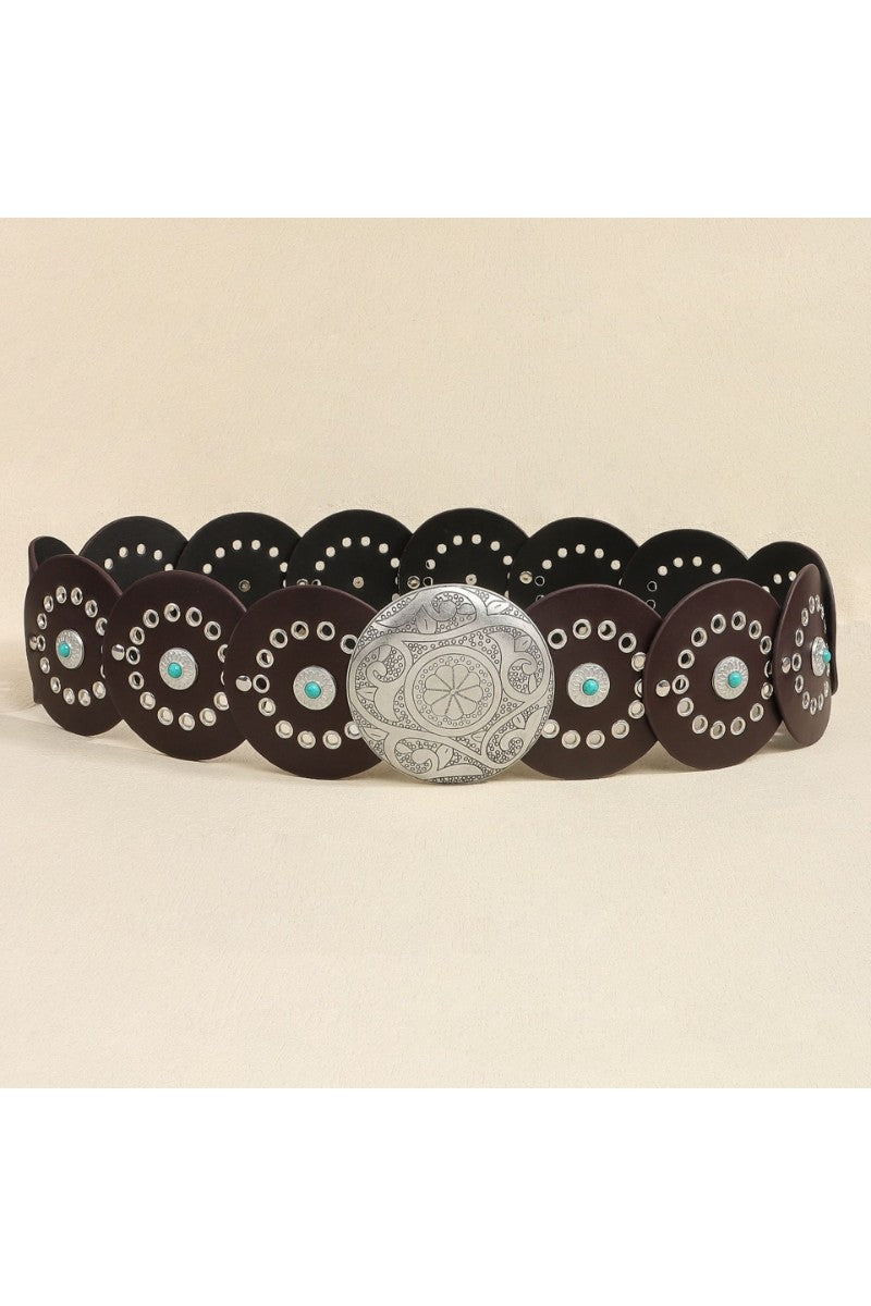 Western Round Disc Turquoise and Dark Brown with Silver Belt
