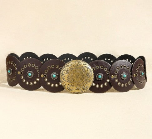Western Round Disc Turquoise and Dark Brown with Gold Belt