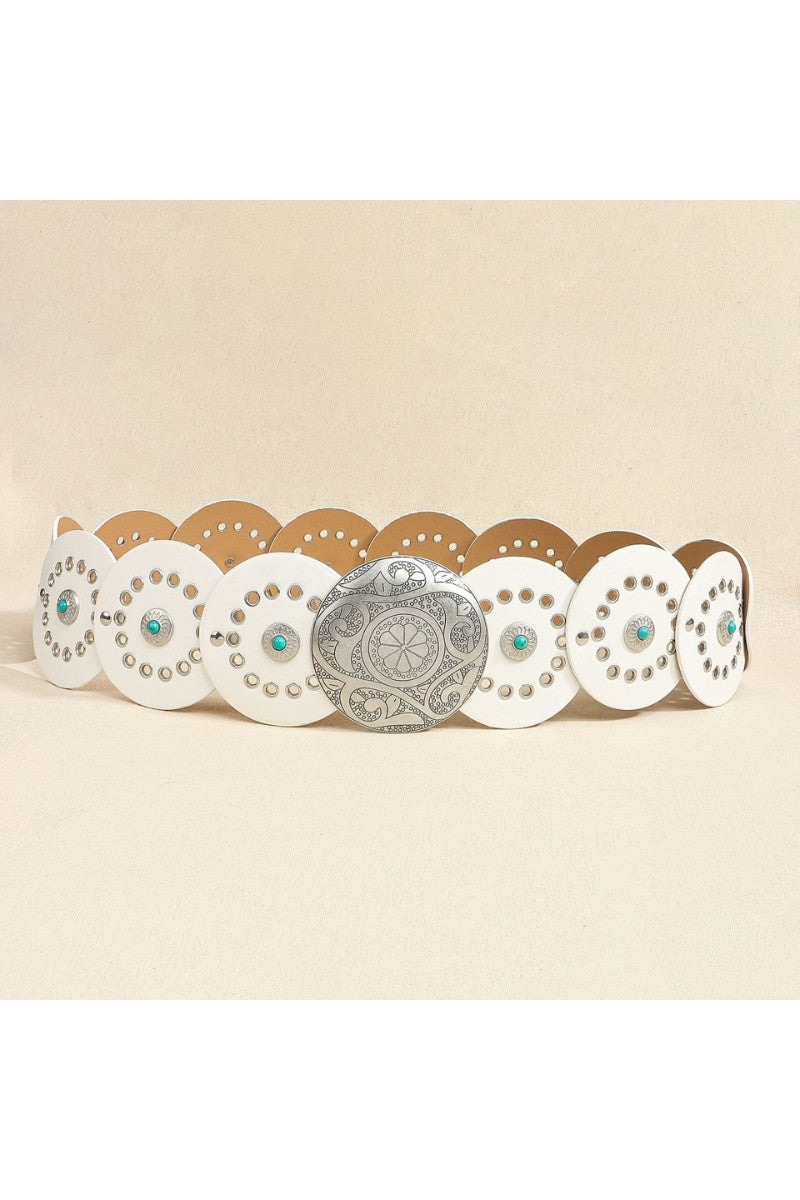 Western Round Disc Turquoise and White with Silver Belt