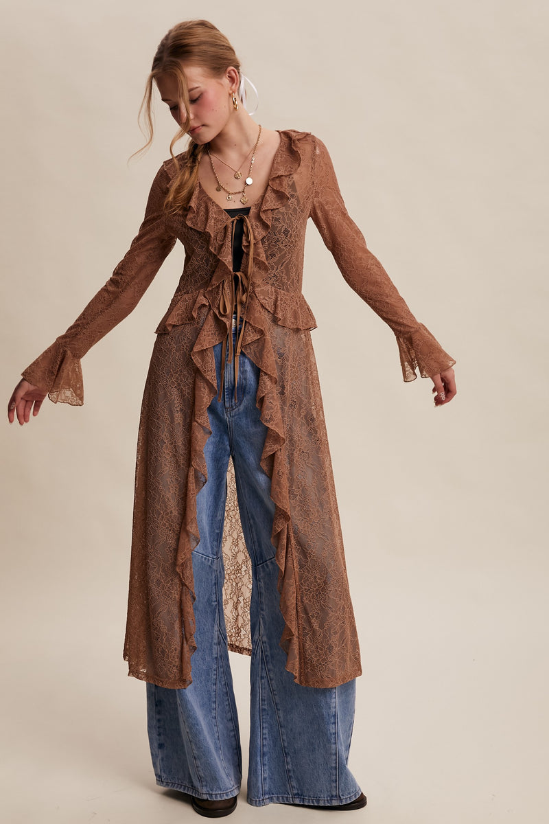 Sheer Lace Ruffle Duster in Mocha
