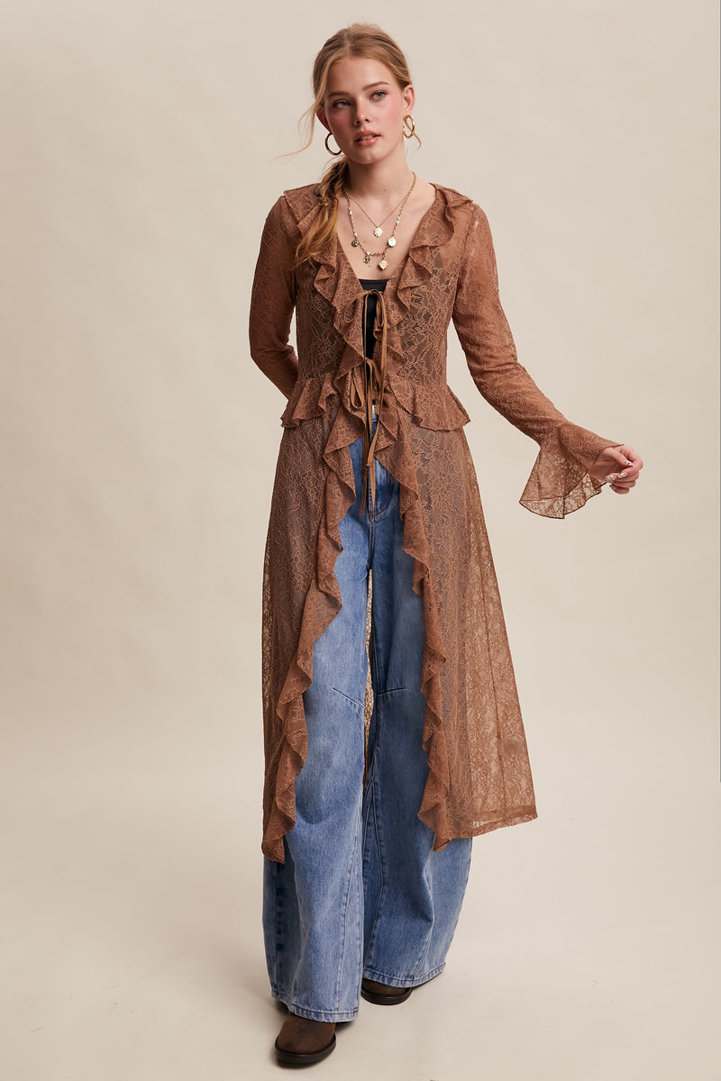 Sheer Lace Ruffle Duster in Mocha