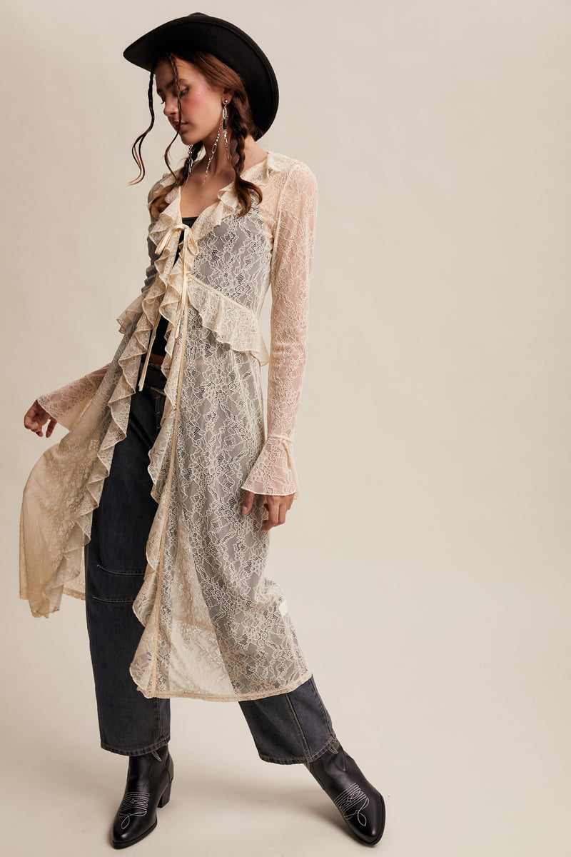 Sheer Lace Ruffle Duster in Ecru