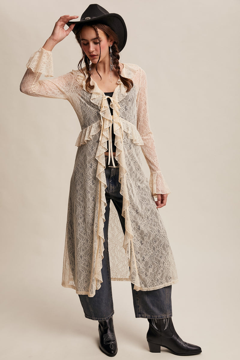 Sheer Lace Ruffle Duster in Ecru