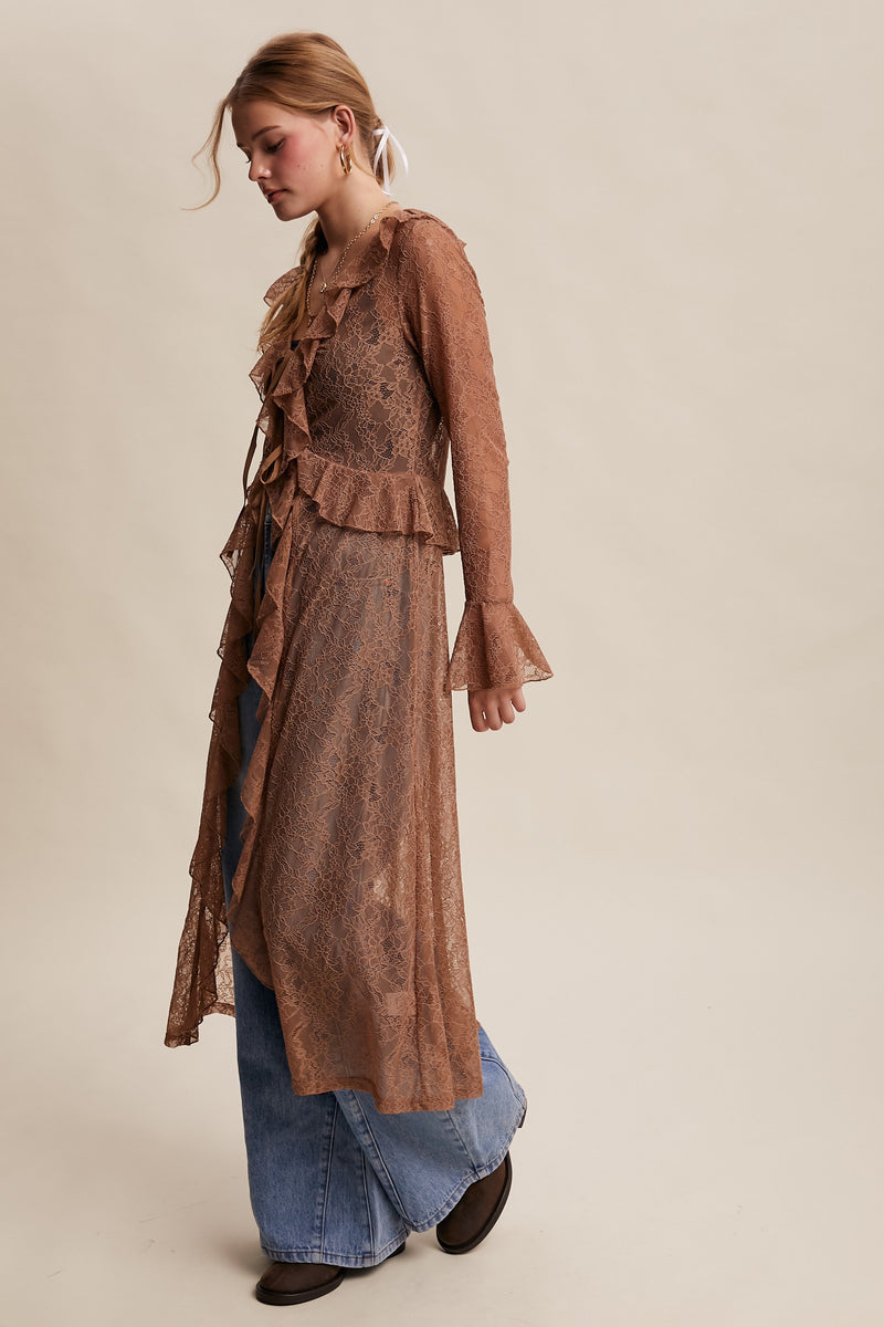 Sheer Lace Ruffle Duster in Mocha