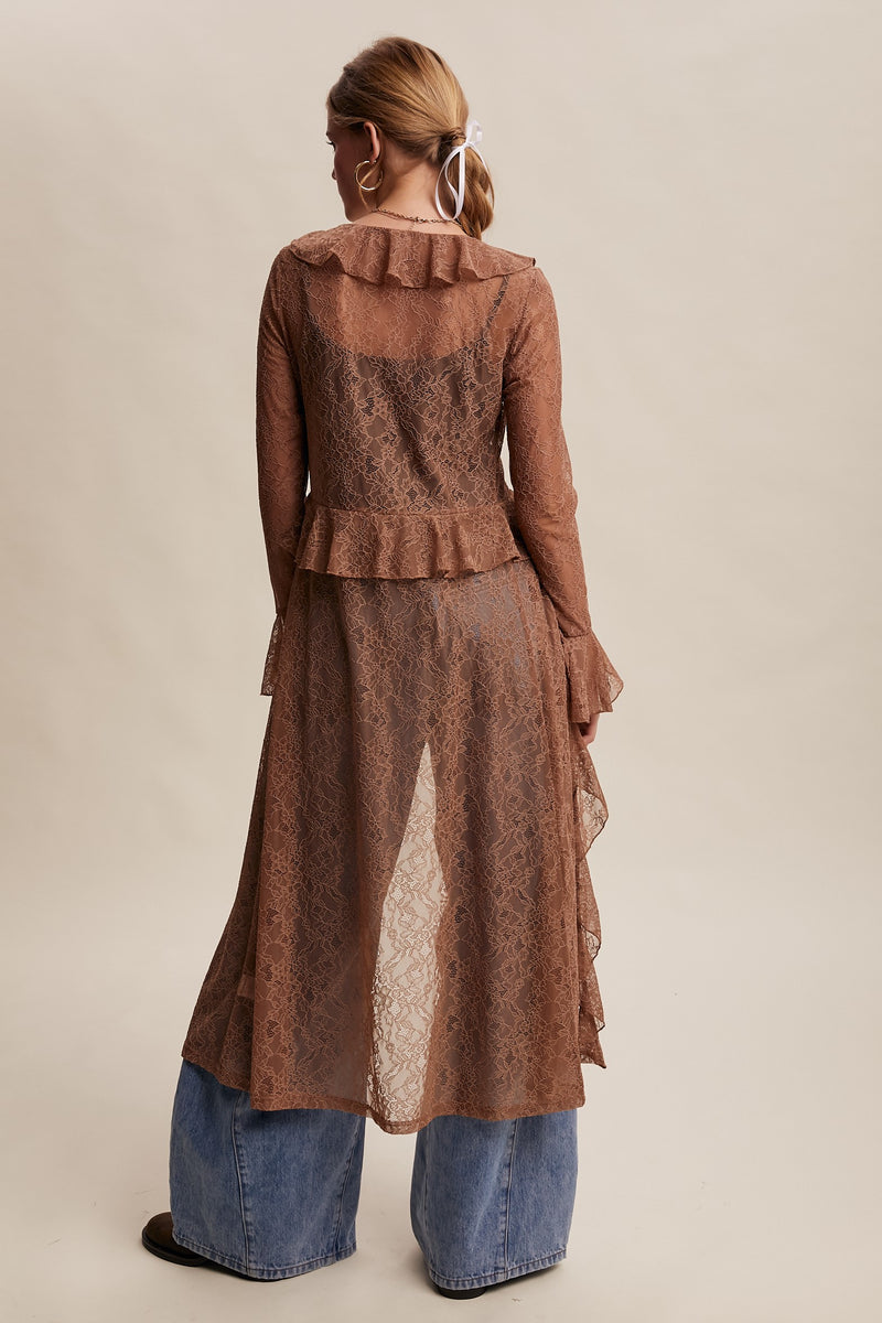 Sheer Lace Ruffle Duster in Mocha