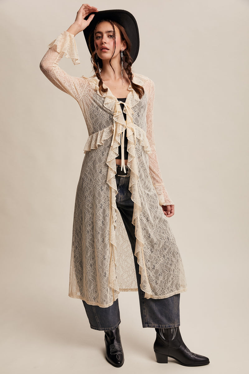 Sheer Lace Ruffle Duster in Ecru