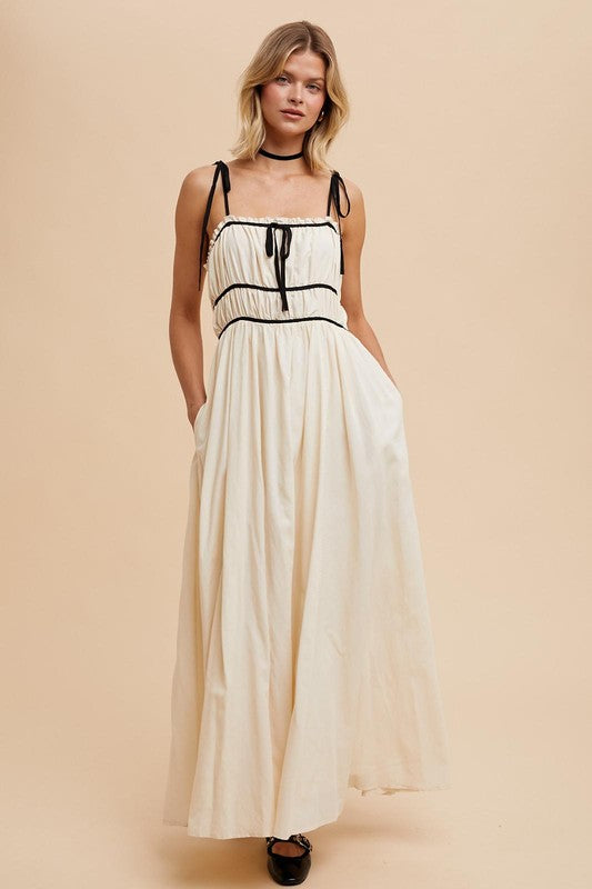 Contrast Trim Floral Maxi Dress in Buttermilk- Final Sale