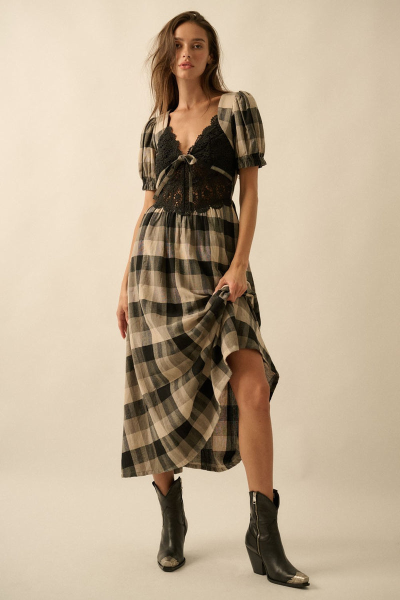 Plaid And Lace V-neck Puff-sleeve Midi Dress