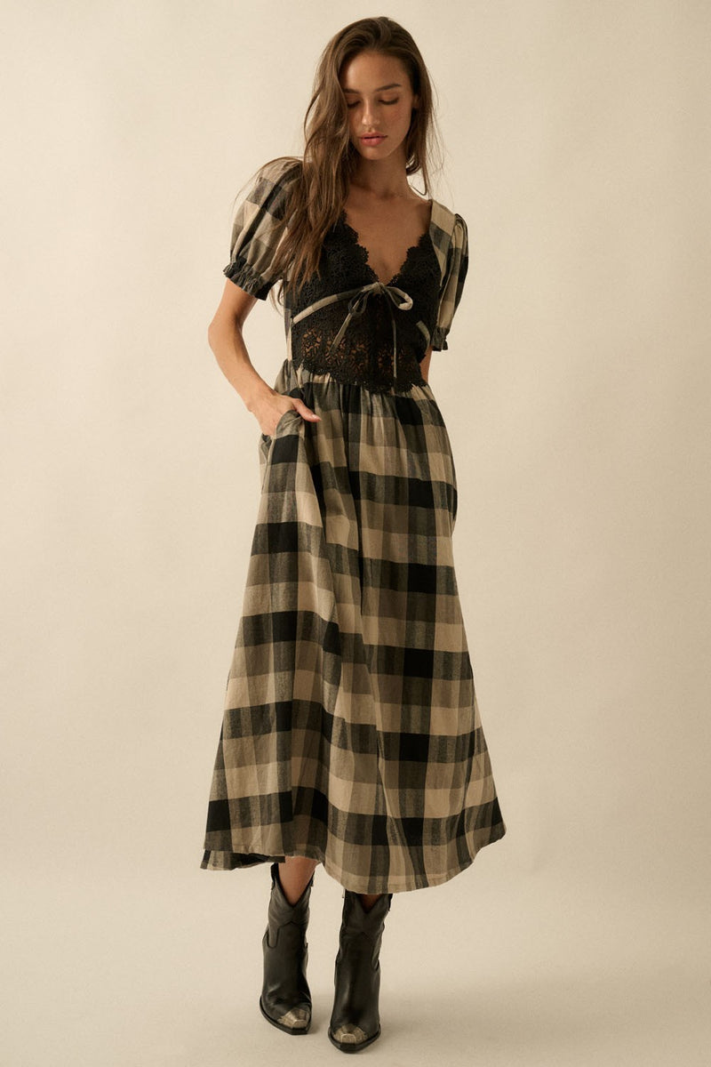 Plaid And Lace V-neck Puff-sleeve Midi Dress