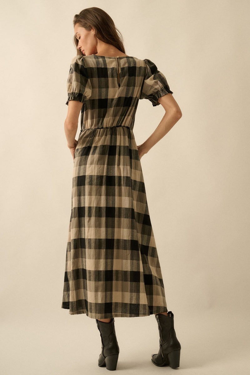 Plaid And Lace V-neck Puff-sleeve Midi Dress