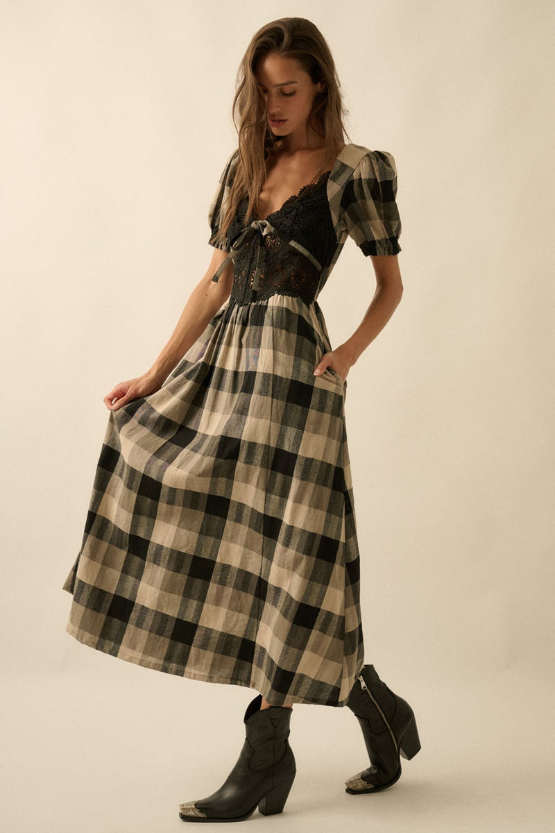 Plaid And Lace V-neck Puff-sleeve Midi Dress