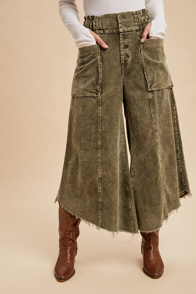 Olive Mineral Wash Cropped Fray Hem Corduroy Wide Pants (Sizes Small-XL)